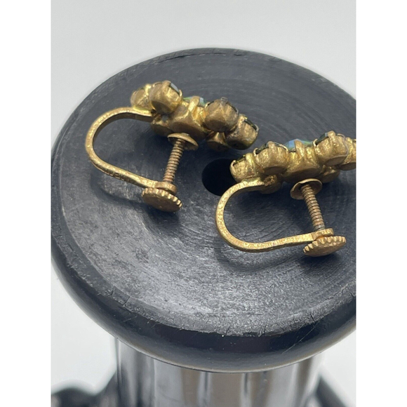 Austrian Green & AB Coated Rhinestone Gold Tone Screw Back MCM 1960s Earrings - Picture 4 of 8